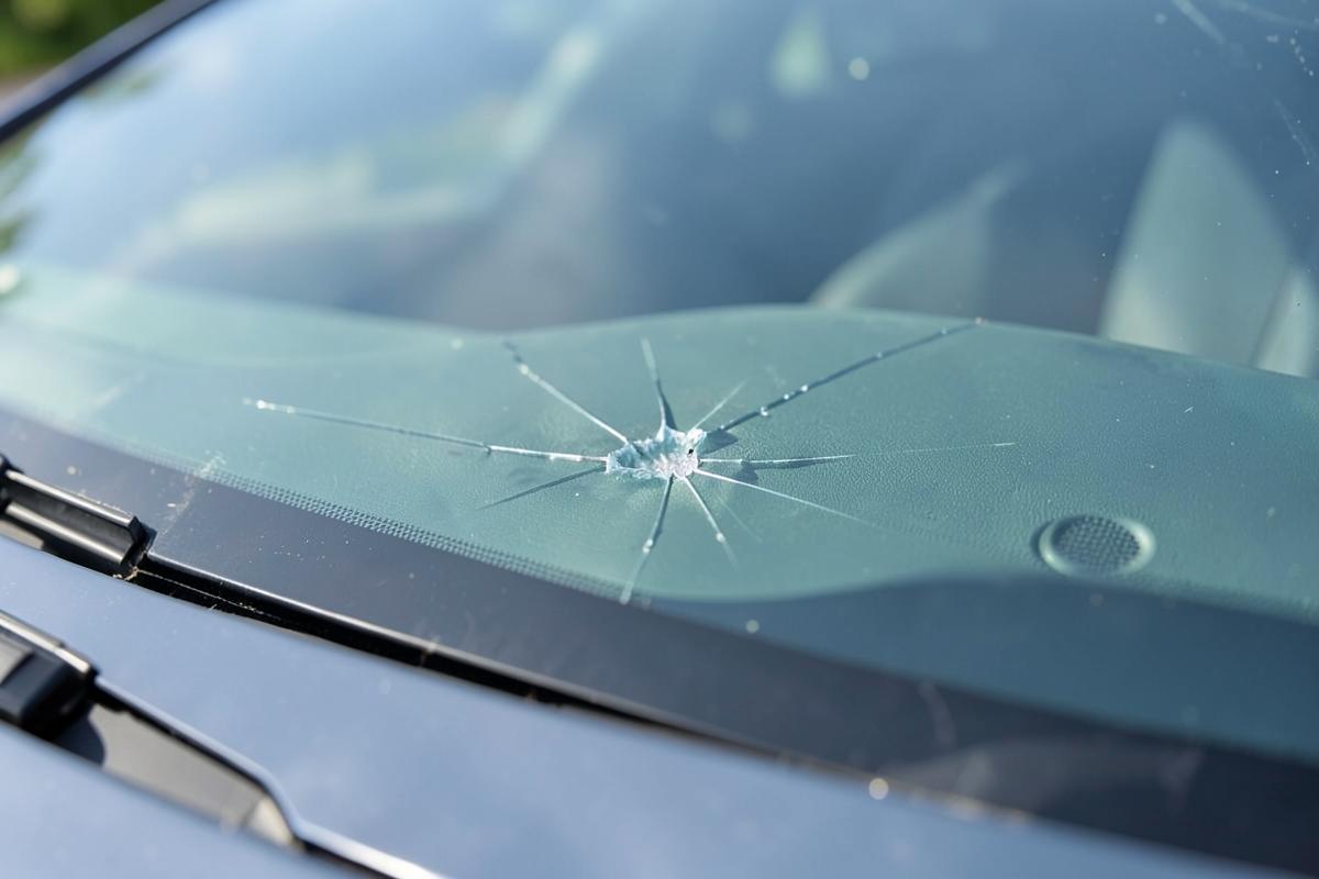 Windshield with a rock chip before repair